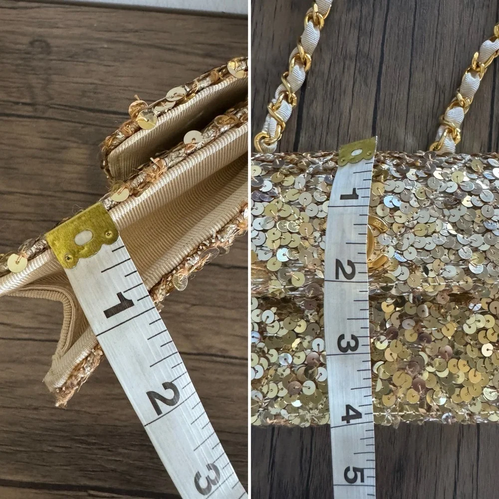Vintage Chanel Micro Half Flap bag in gold sequin, ribbed satin, gold hardware